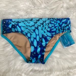 Alia Laguna Beach Blue Swim Bikini Bottoms Swimsuit Peacock Print Size S Amoena